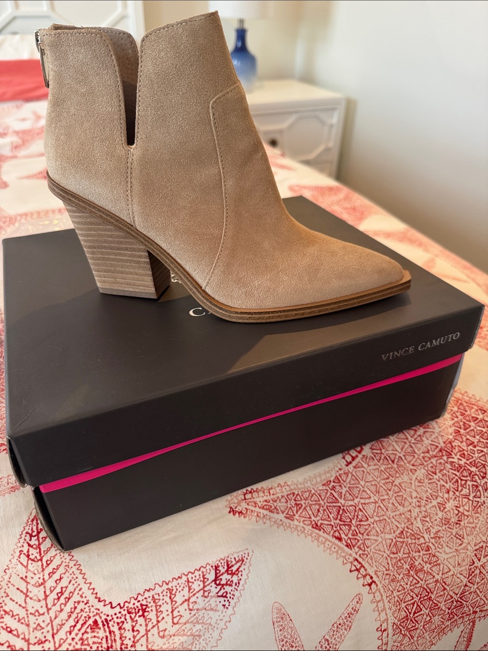Vince Camuto Taupe Suede Women’s Ankle Boot with Block Heel
